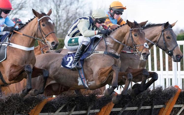 Jockeys jumping over a hurdle.