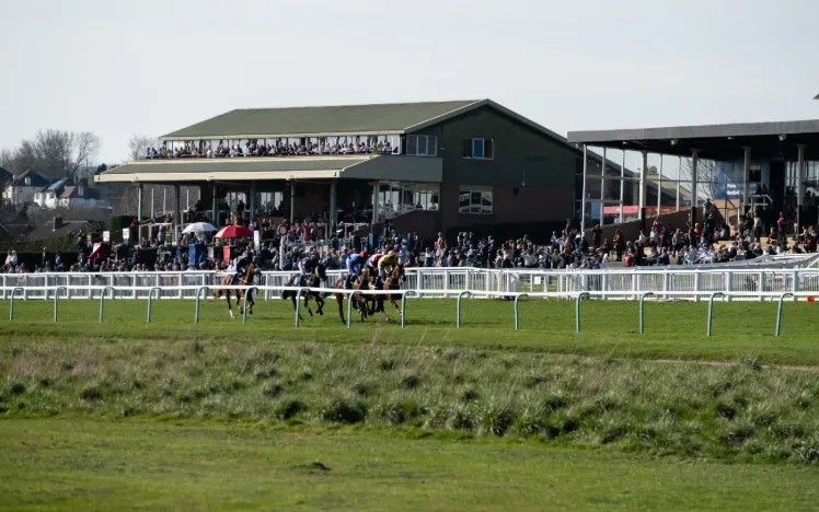 A view of the track and grandstand at Hereford Racecourse