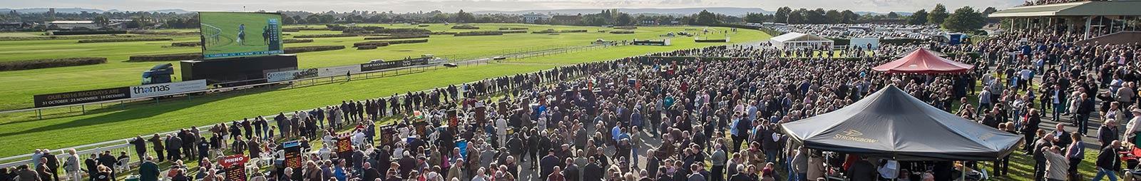 Panoramic view of a raceday at Hereford Racecourse.