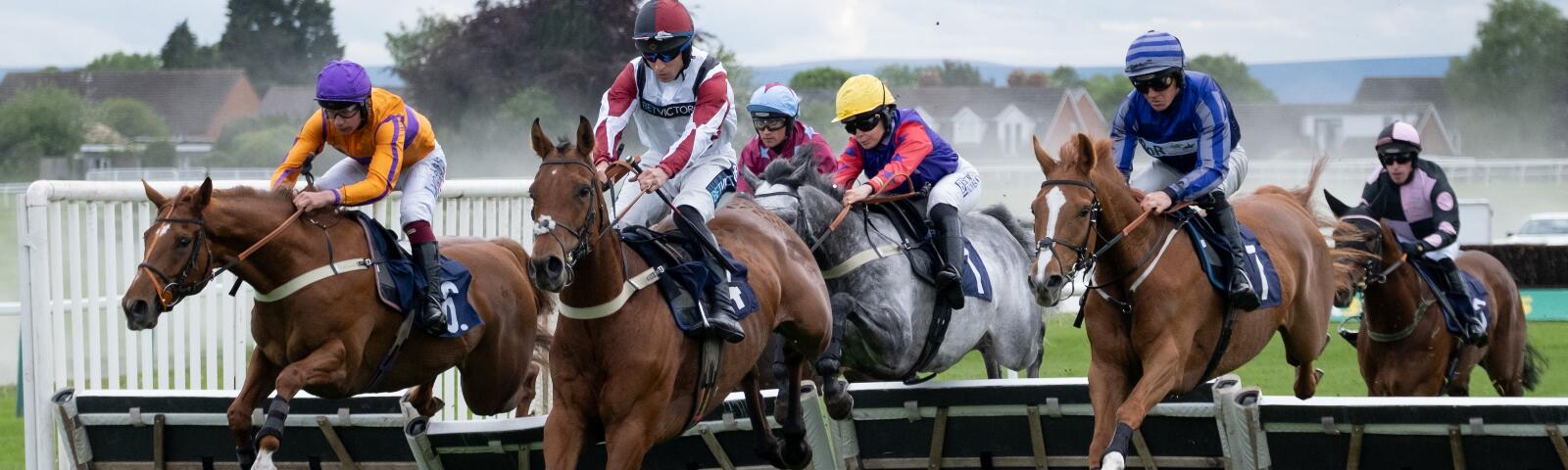 Six horses leaping over a hurdle at Hereford racecourse in a close race