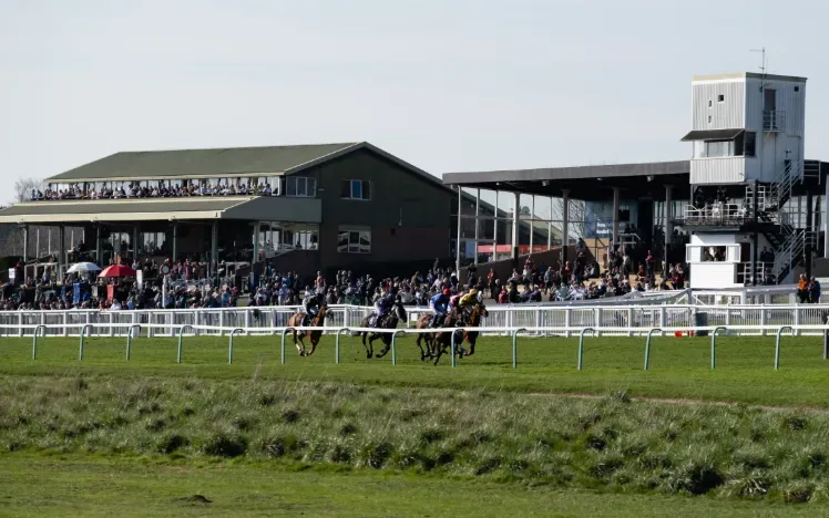 The track at Hereford, with the grandstand and crowds behind it