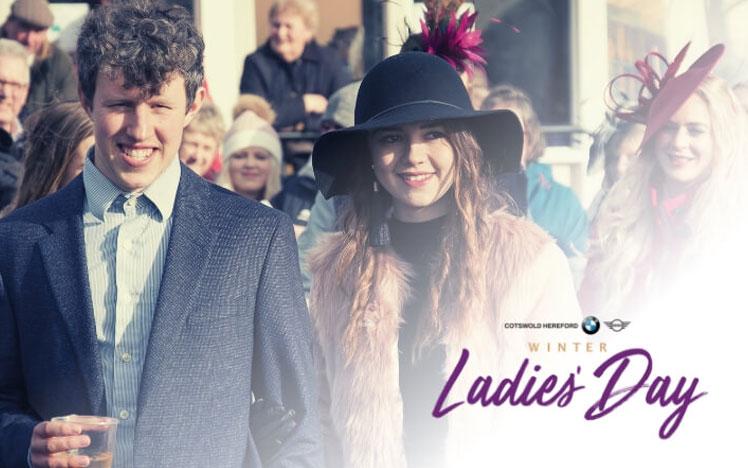 Promotional banner for Ladies Day event, featuring dressed up racegoers.